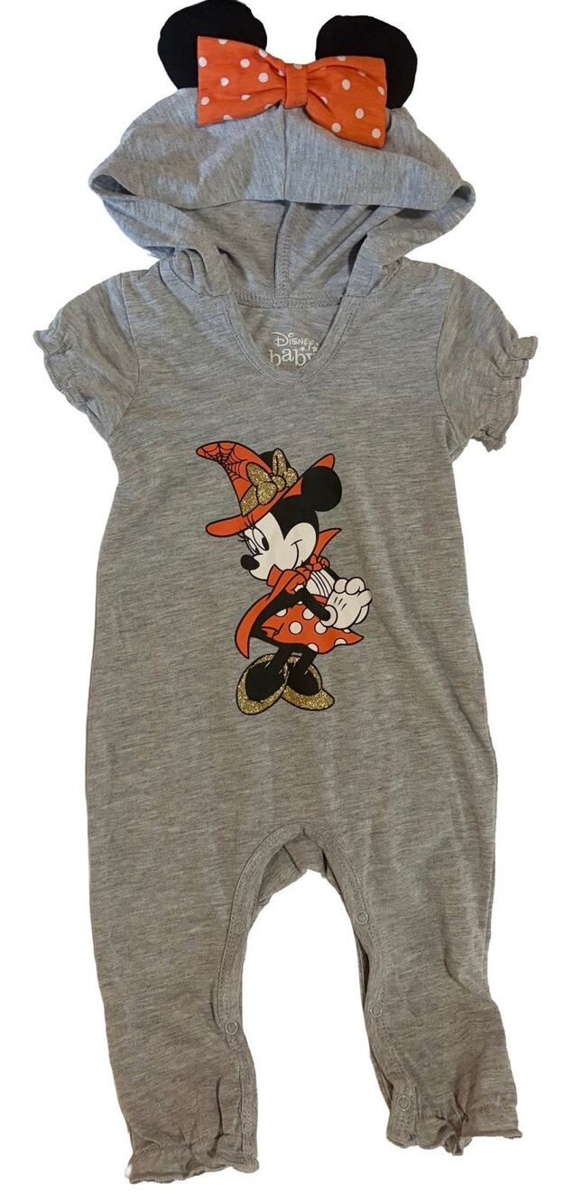 Disney Baby Minnie Mouse Halloween Witch Hooded Romper 3-6M Gray Costume NWT